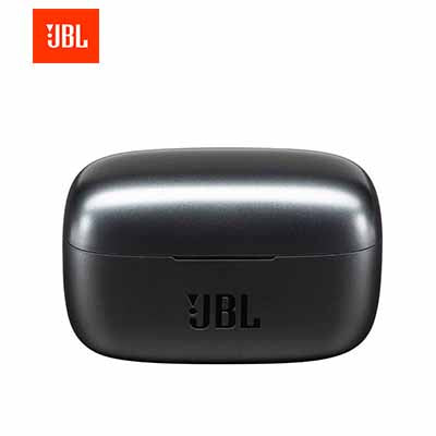Closed black JBL LIVE 300TWS charging case with JBL logo on the front