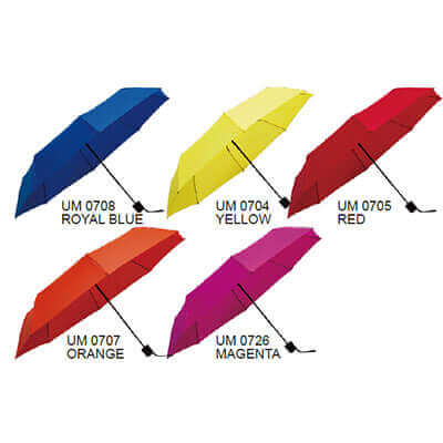Foldable umbrellas in royal blue, yellow, red, orange and magenta with straight handles