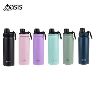 Six Oasis 550ml sports bottles with black screw-cap lids and carry loops, shown in black, pink, purple, turquoise, sage and navy
