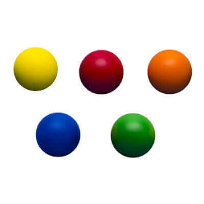 Five round stressballs shown in yellow, red, orange, blue and green