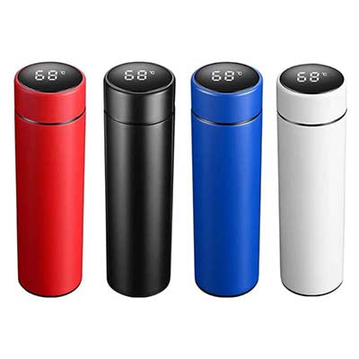 Red, black, blue and white steel tumblers with black lids showing illuminated temperature numerals