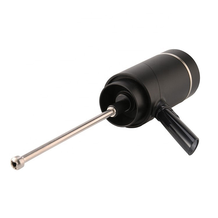 Black wine aerator and dispenser showing its metal pickup tube and side pouring spout