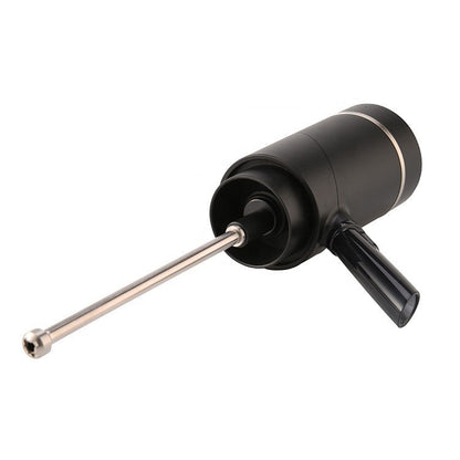 Black wine aerator and dispenser showing its metal pickup tube and side pouring spout