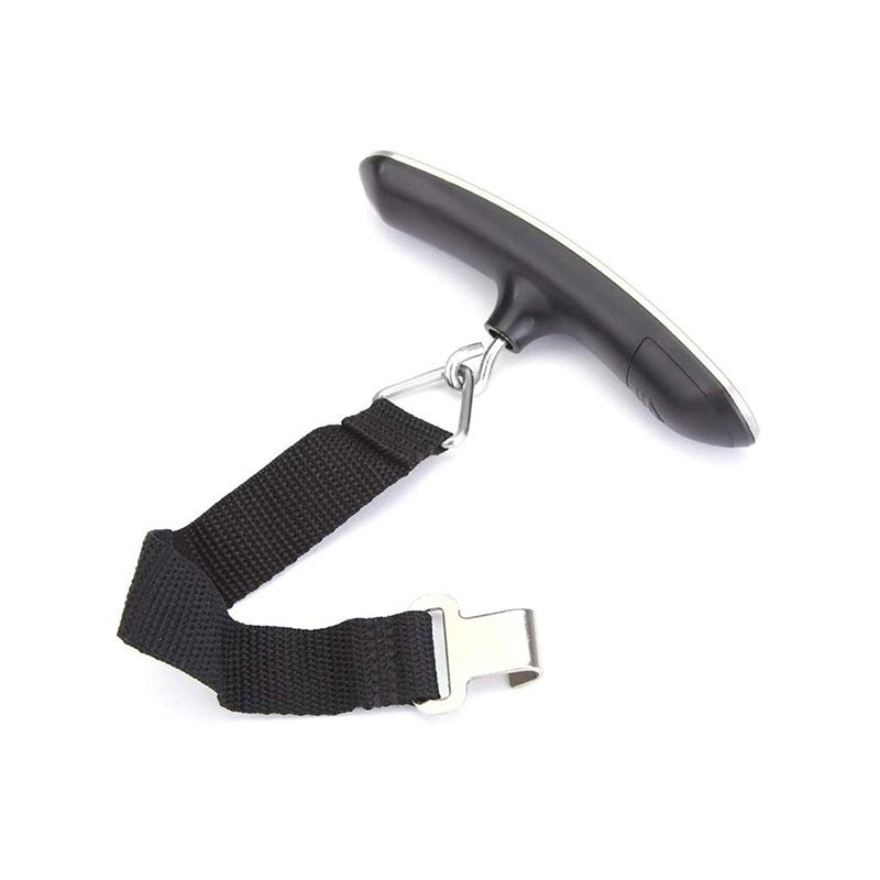 Underside of digital luggage scale showing the black grip, hanging strap and metal attachment clasp