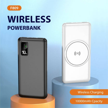 WirelessPower promotional graphic showing black and white powerbanks with wireless charging and 10000mAh capacity callouts
