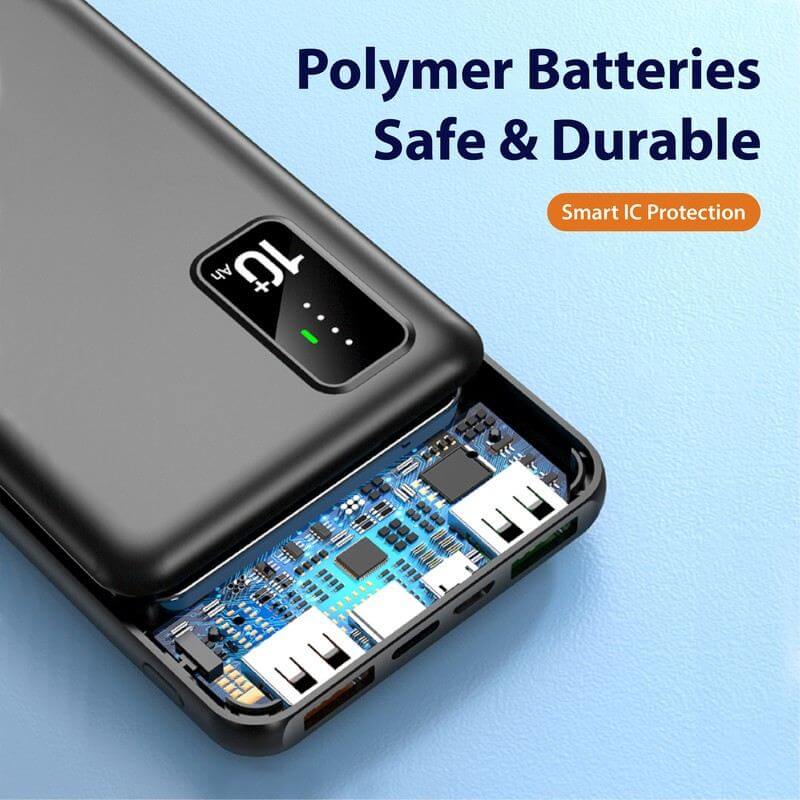WirelessPower cutaway illustration showing the black powerbank status panel, internal circuit board and USB ports with battery-protection callouts