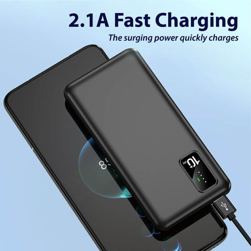 WirelessPower charging illustration showing a black powerbank, smartphone and connected USB cable with a 2.1A output callout