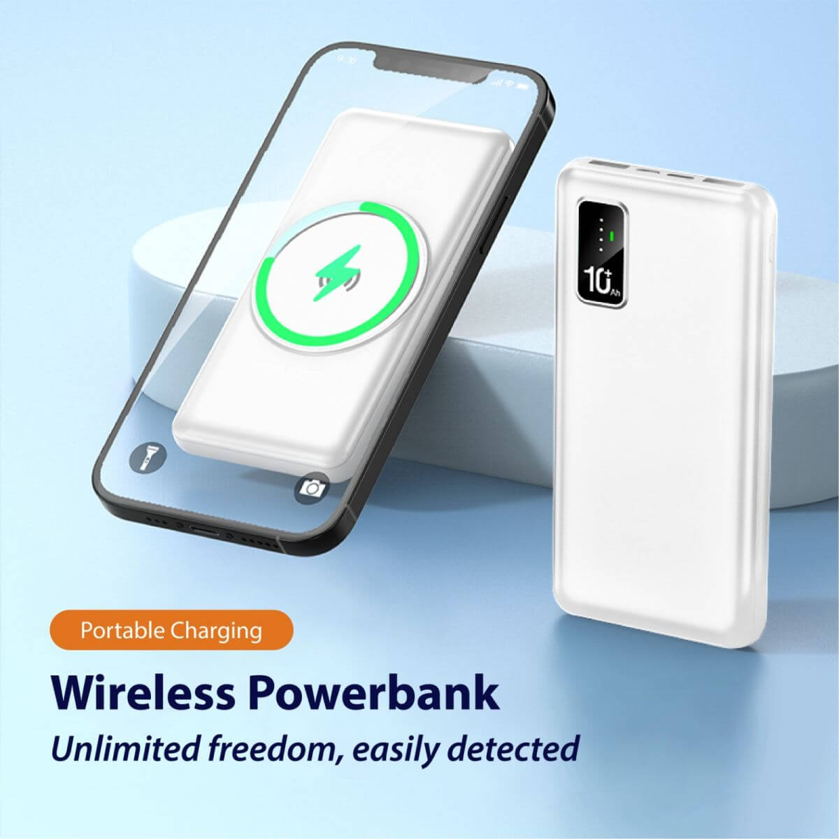 WirelessPower graphic illustrating a white powerbank with a smartphone and wireless charging symbol, beside a front view of the powerbank