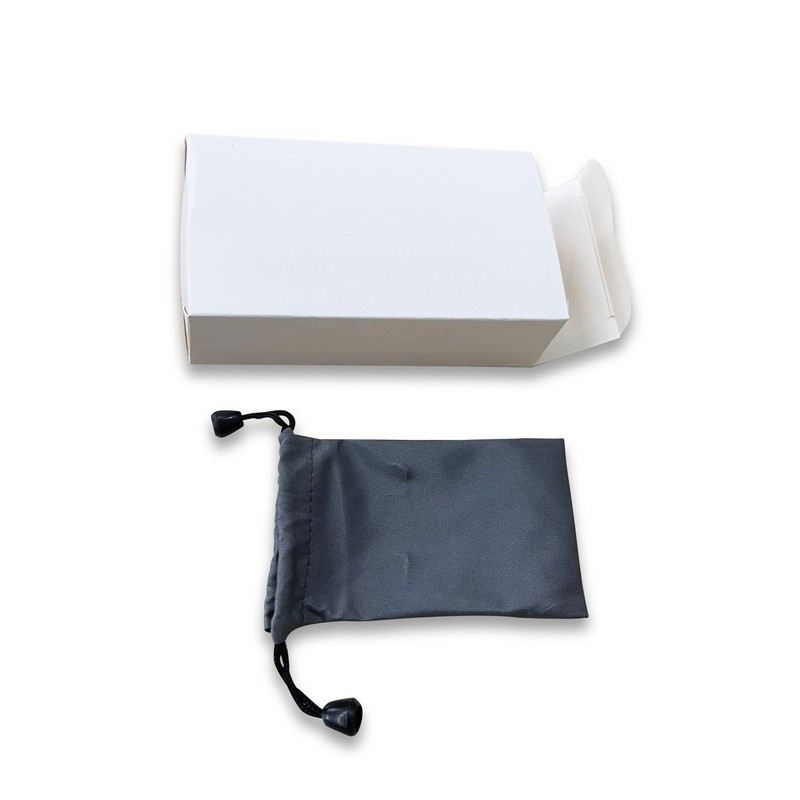 Folded mobile stand shown with a white box and dark drawstring pouch
