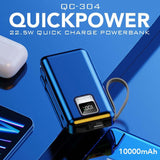 22.5W Quick Charge Powerbank with Built-in Cable