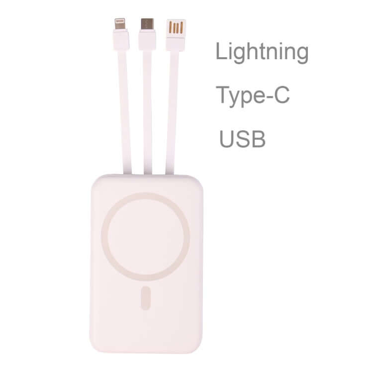 10000MAH Wireless Power Bank with Magsafe featuring Lightning, Type-C, and USB connectors.