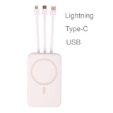 10000MAH Wireless Power Bank with Magsafe featuring Lightning, Type-C, and USB connectors.