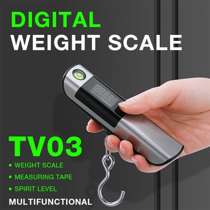 Promotional view of a hand holding the digital scale with a hanging metal hook and a circular green level above the display