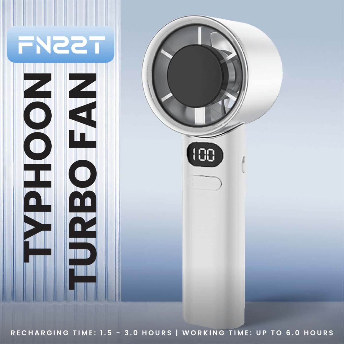 Front view of the white Typhoon Wind Turbo Fan with digital display