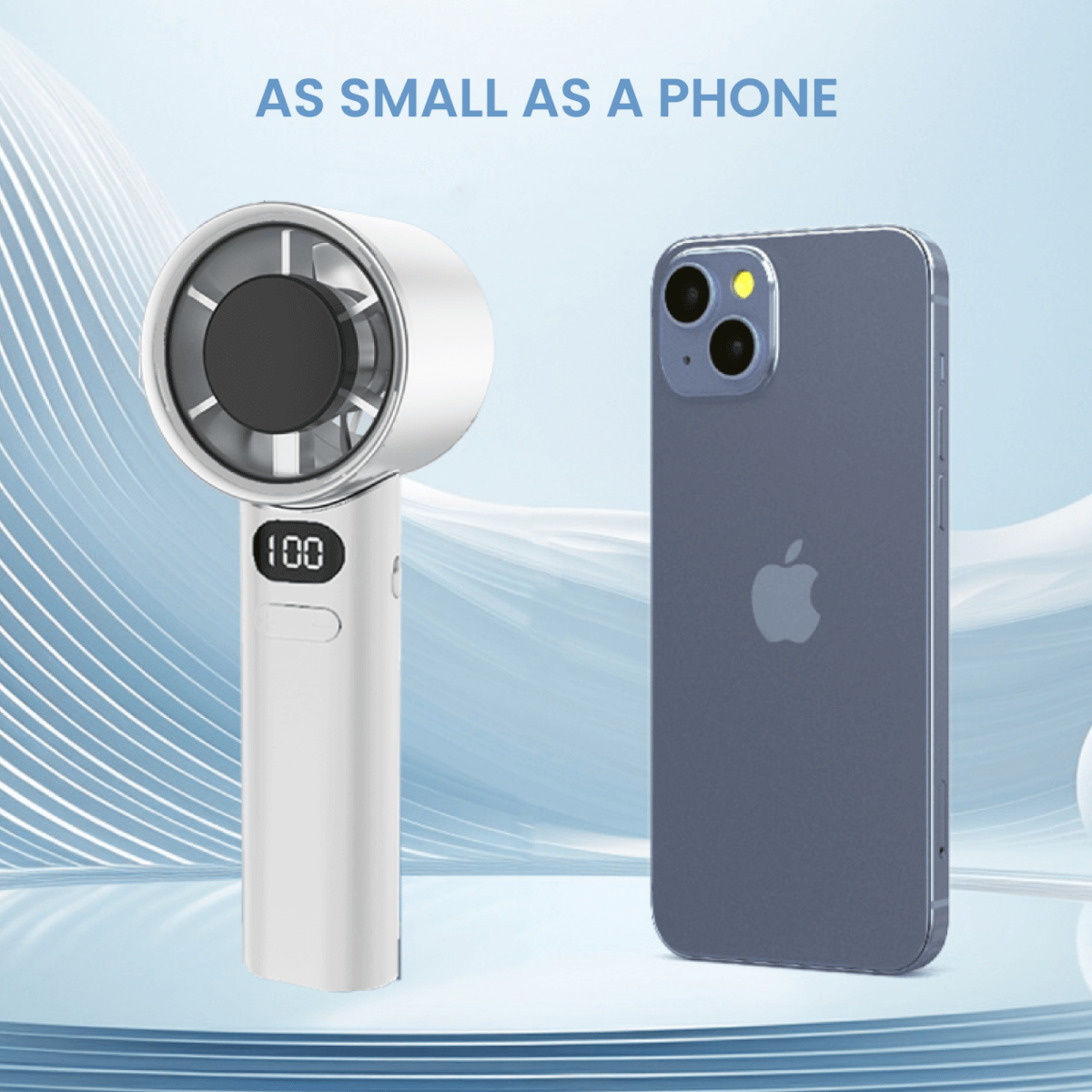 White handheld fan shown beside a phone for size comparison