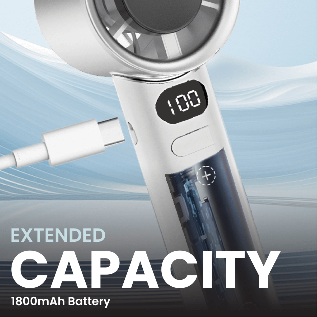 Close-up illustration of the fan charging port, digital display and 1800mAh battery