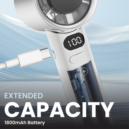 Close-up illustration of the fan charging port, digital display and 1800mAh battery