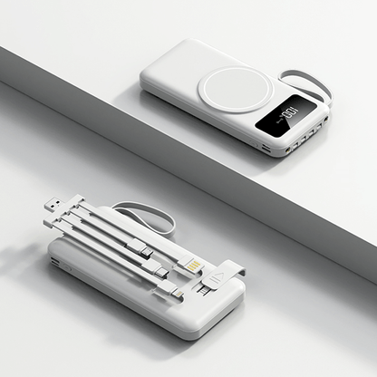 10000mAh Powerbank with Detachable Cables and Wireless Charging on a minimalist surface.