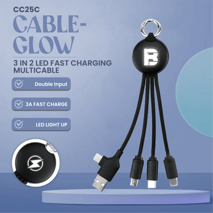 Round black multi-connector cable feature graphic showing keyring and illuminated logo area