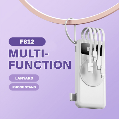 10000mAh Powerbank with Detachable Cables and Wireless Charging, featuring multiple functions and lanyard.