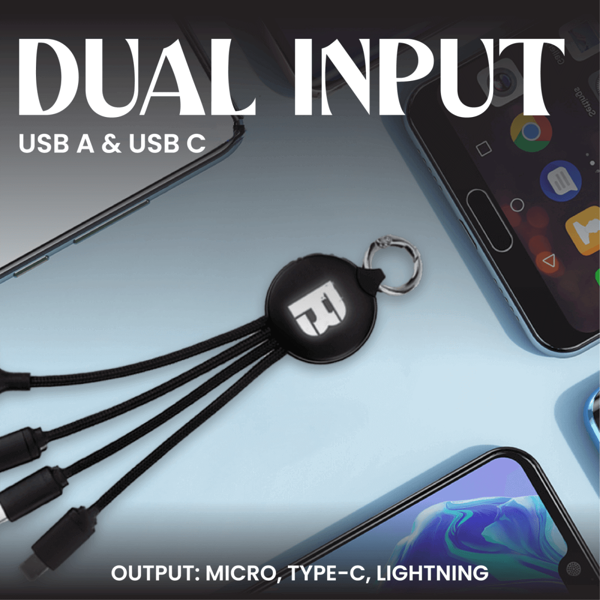 Round multi-connector charging cable pictured beside phones with USB-A and USB-C input labels