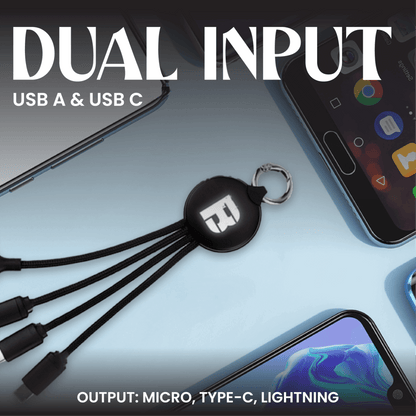 Round multi-connector charging cable pictured beside phones with USB-A and USB-C input labels
