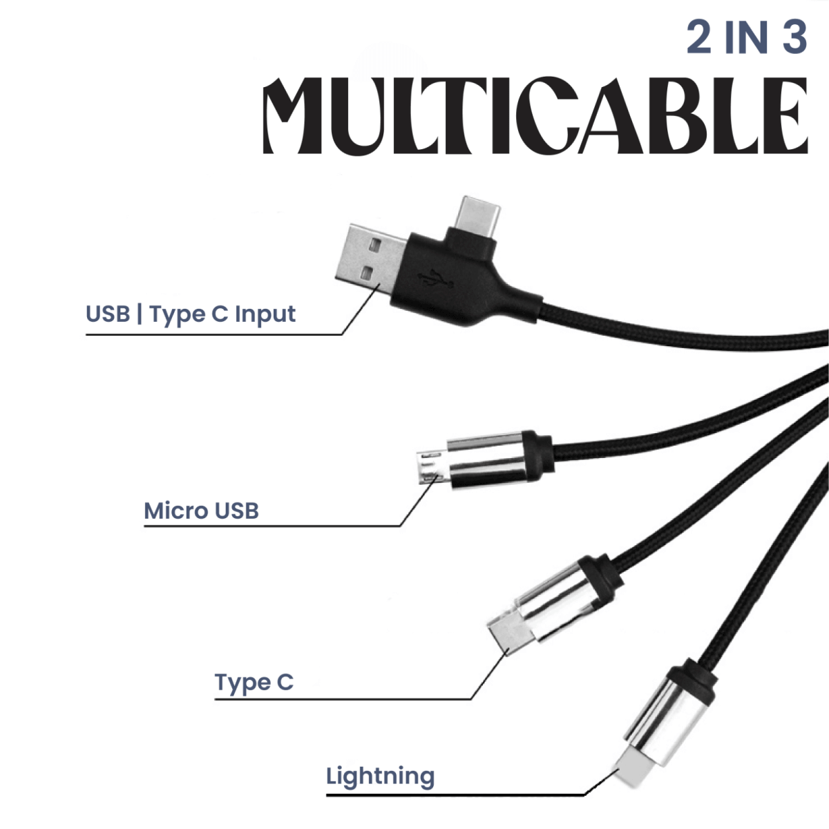 Cable connector diagram identifying USB-A or USB-C input and Micro-USB, USB-C and Lightning outputs