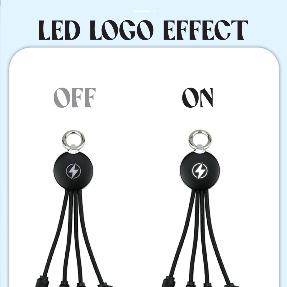 Round charging cable demonstration comparing the logo area with LED illumination off and on