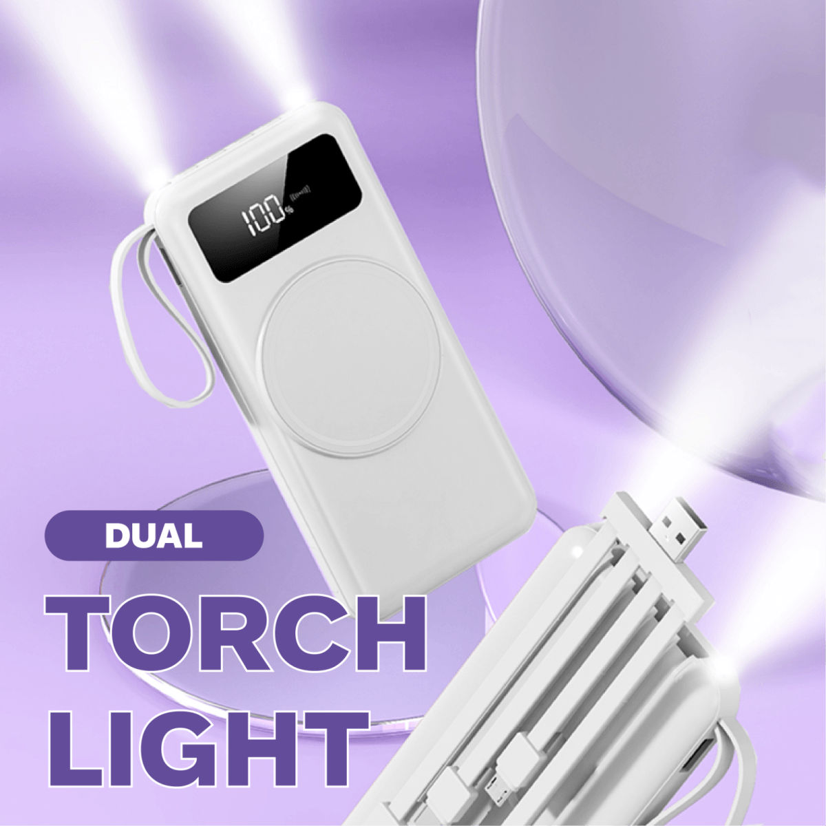 10000mAh Powerbank with Detachable Cables and Wireless Charging featuring dual torch light and digital display.