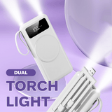 10000mAh Powerbank with Detachable Cables and Wireless Charging featuring dual torch light and digital display.