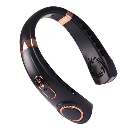 Black U-shaped neck fan with copper-coloured trim, rows of air slots, round end panels, side controls and a charging port
