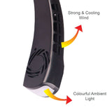 Portable Neck Fan showcasing strong cooling wind and colourful ambient light features.