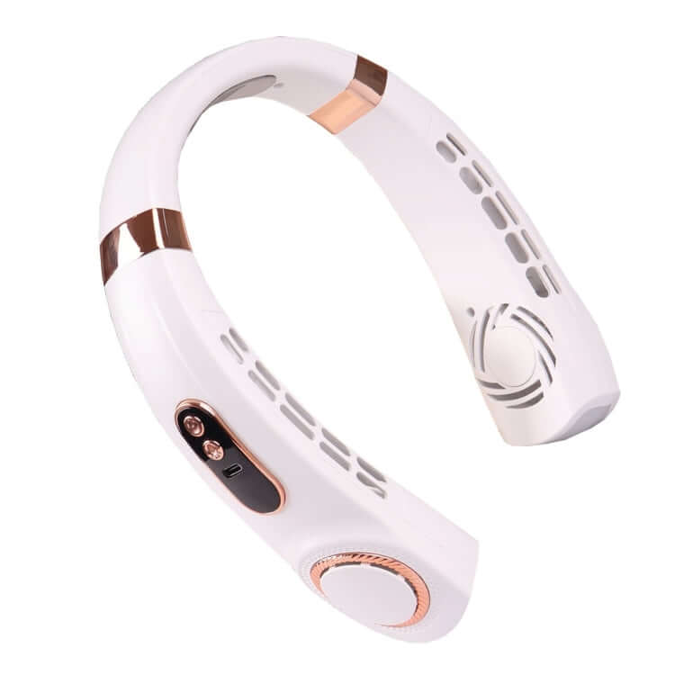 White U-shaped neck fan with copper-coloured trim, rows of air slots, round end panels, side controls and a charging port
