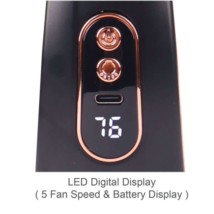 Close-up of the neck fan control panel with two buttons, a charging port and a digital 76 display, labelled five fan speeds and battery display