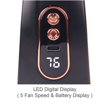Close-up of the neck fan control panel with two buttons, a charging port and a digital 76 display, labelled five fan speeds and battery display
