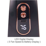 LED digital display of the Portable Neck Fan showing battery and fan speed settings.