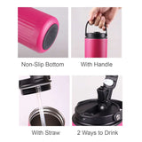 700ml Thermo Mug With Straw and Handle showing non-slip bottom, handle, straw, and two ways to drink.
