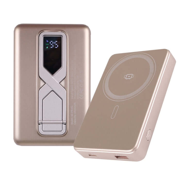 Multifunctional Fast Charging Powerbank 10000MAH in grey and gold with LED display and dual USB ports.