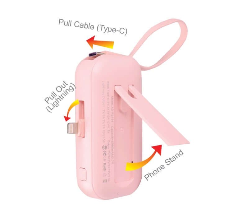 5000MAH Powerbank with CCC showing pull cables and phone stand features in pink color.