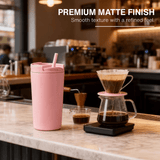 SS304 Stainless Steel 350ml Vacuum Mug in pink with premium matte finish on a cafe countertop.