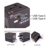 Universal Travel Adaptor with Pouch featuring USB Type-C and USB Type-A ports for charging devices worldwide.
