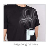 Portable Rechargeable Fan hanging on neck for easy carrying and cooling on the go.