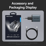Vention 1-Port USB-C GaN Charger (20W) with USB-C to Lightning Cable (1M) accessory and packaging display