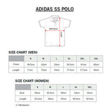 Size chart for adidas SS Polo Shirt including measurements for men and women.