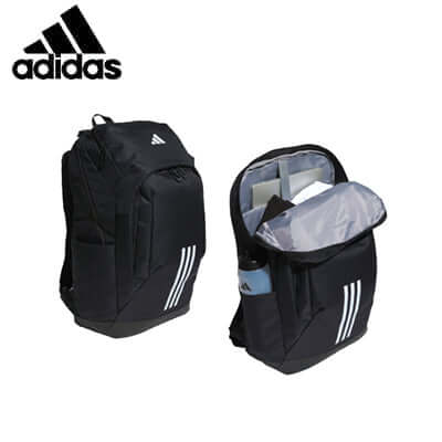adidas EP System Backpack in black color with multiple compartments and logo design.