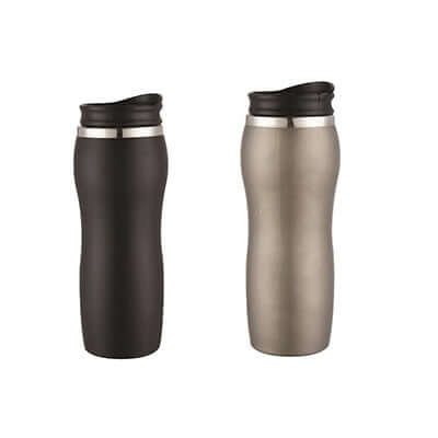 Black and silver-colour 500ml contoured tumblers with dark angled drinking lids and metallic neck bands