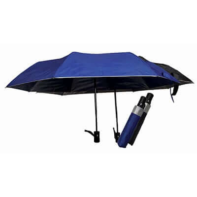 Blue 21-inch automatic foldable umbrella shown open and folded with matching sleeve