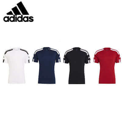 adidas Squadra 21 Sports Tee Shirt in white, blue, black, and red, perfect for activewear and corporate gifts.