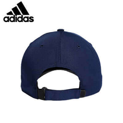 Back view of the adidas Performance Hat in navy blue, showcasing logo and adjustable strap.