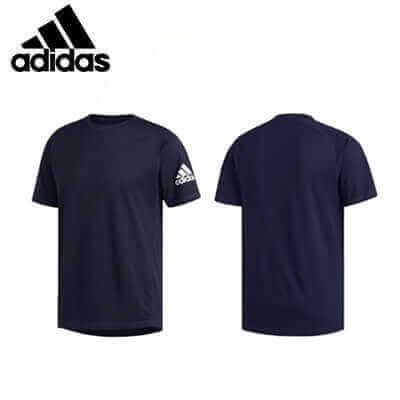 Dark navy adidas Freelift Sport Ultimate Solid tee shown from front and back with crew neck and sleeve logo